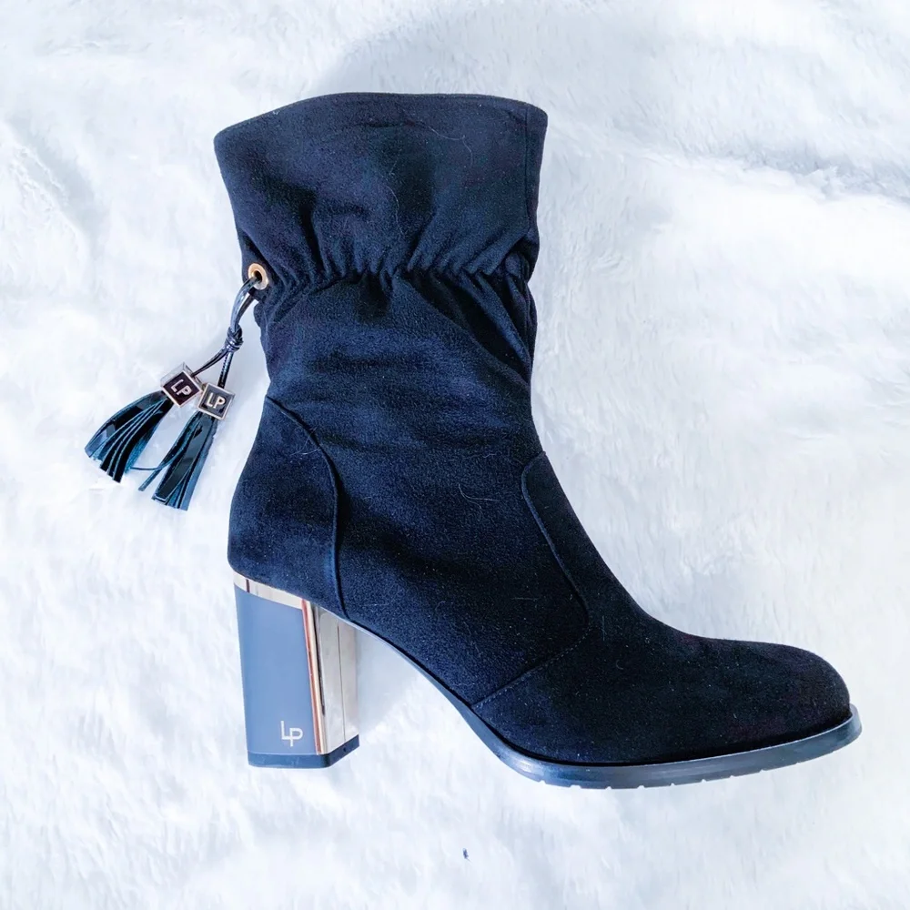 $498 | Loretta Pettinari | Suede Leather Black Ankle Boots Tassel Block Heel 40
